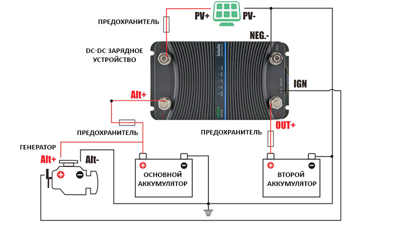 Схема подключения DC-DC зарядного устройства для зарядки второго аккумулятора в машине 